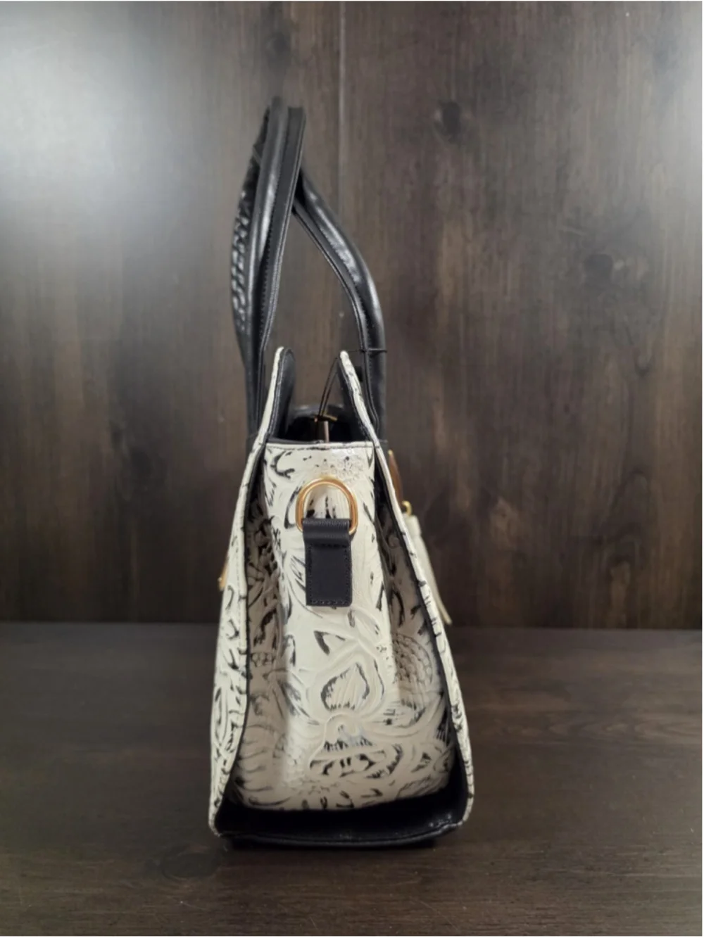 Black White Silver Embossed Tooled Artisan LEATHER Shoulder Bag Purse Crossbody